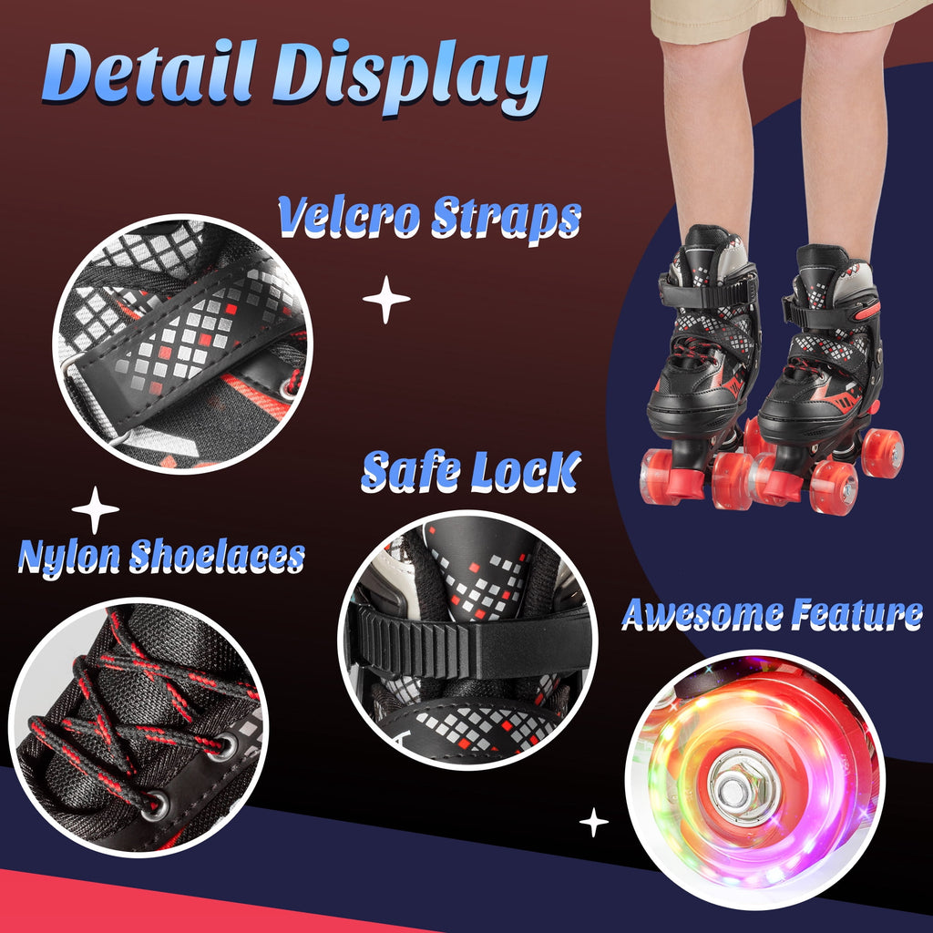 Bvivok Roller Skates for Boys, Adjustable 4 Sizes, with Light up Wheels, Black, M: 1-4