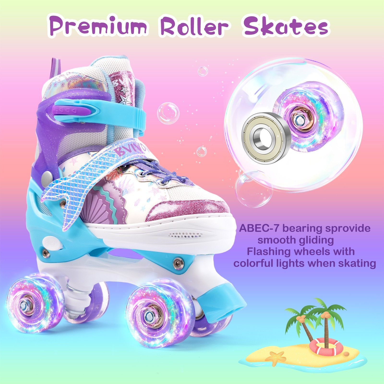 BVIVOK Adjustable Kids Roller Skates for Girls with Light up Wheels, Purple, Size 1-4
