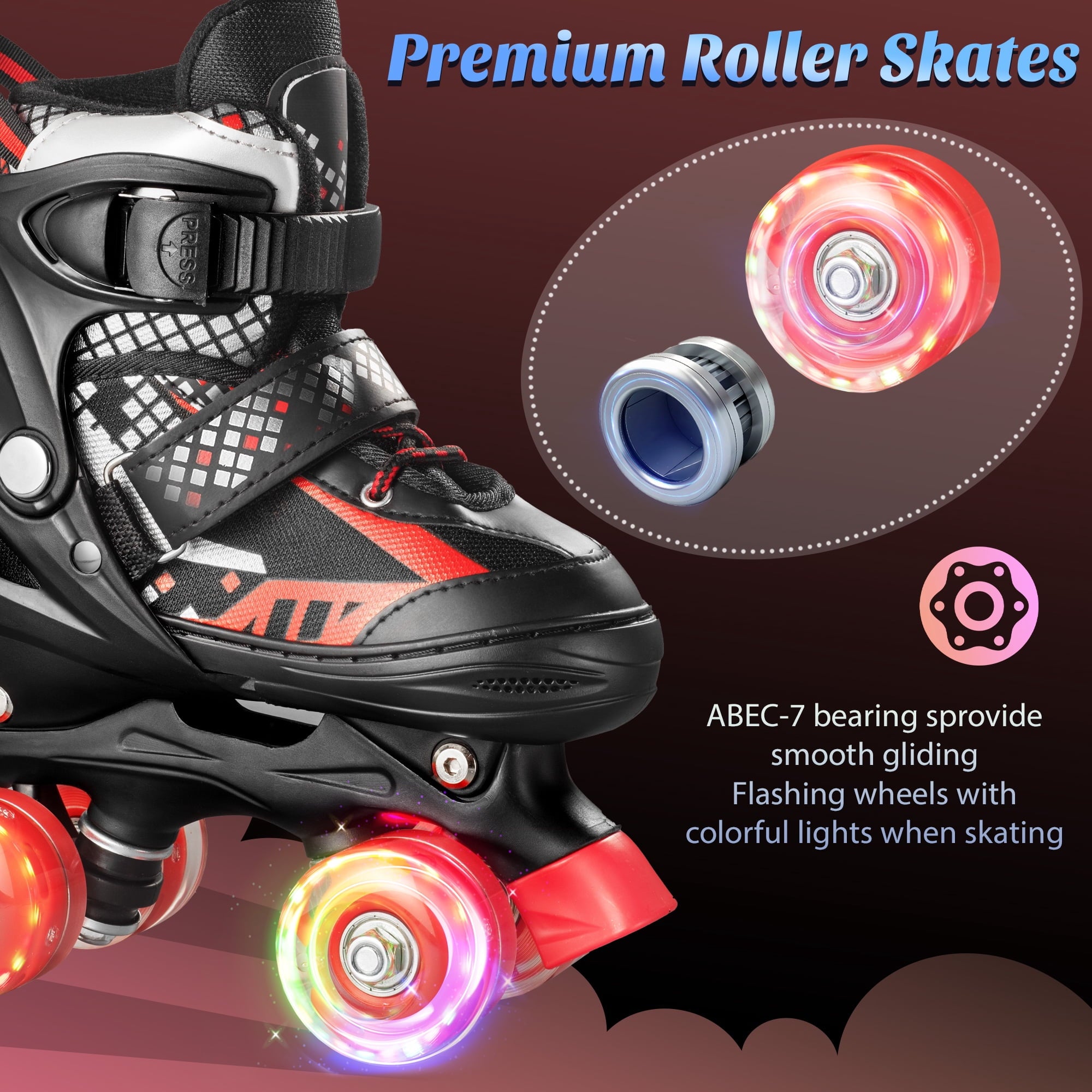 Bvivok Roller Skates for Boys, Adjustable 4 Sizes, with Light up Wheels, Black, M: 1-4
