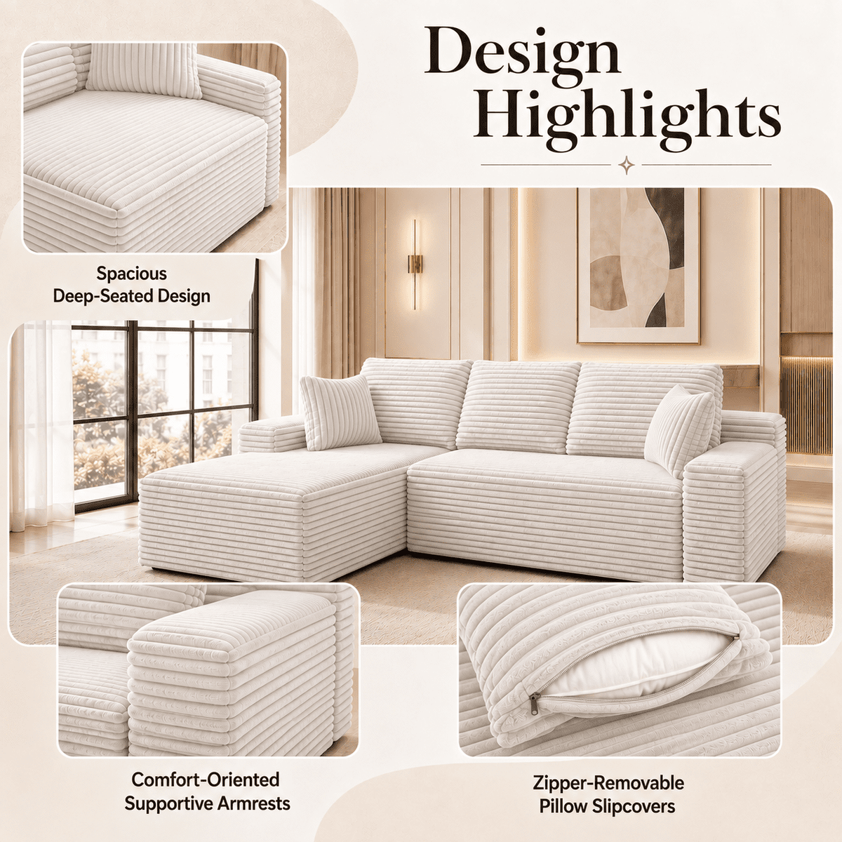 104" Boneless Cloud Sectional Couch with L Shape Chaise, Modern Corduroy Modular Sofa with Deep Seat for Living Room, White