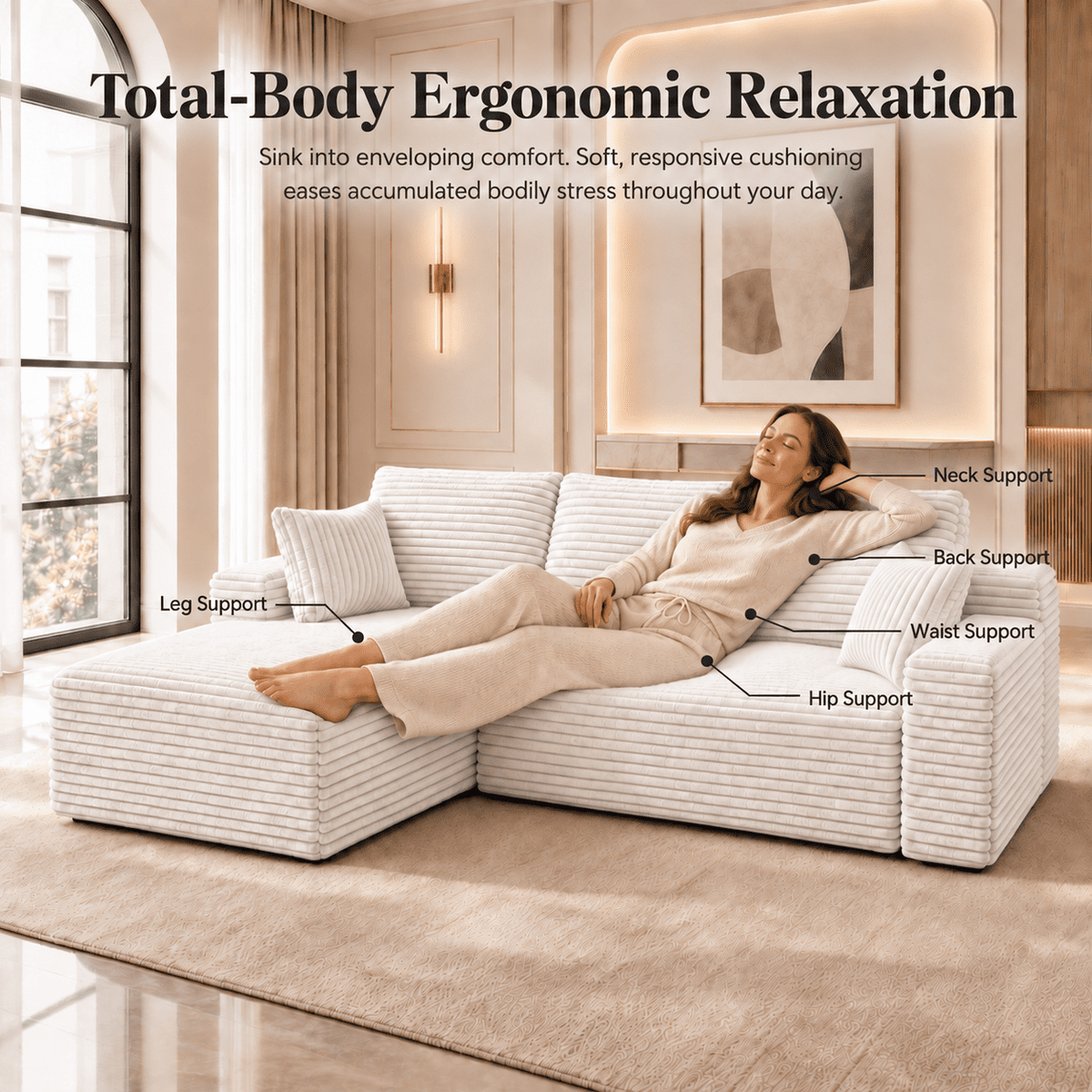 104" Boneless Cloud Sectional Couch with L Shape Chaise, Modern Corduroy Modular Sofa with Deep Seat for Living Room, White