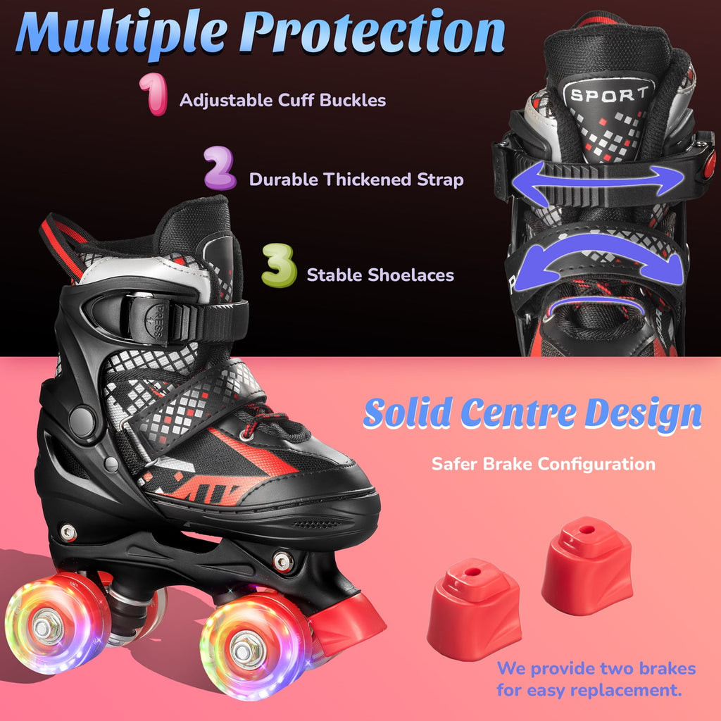 Bvivok Roller Skates for Boys, Adjustable 4 Sizes, with Light up Wheels, Black, M: 1-4